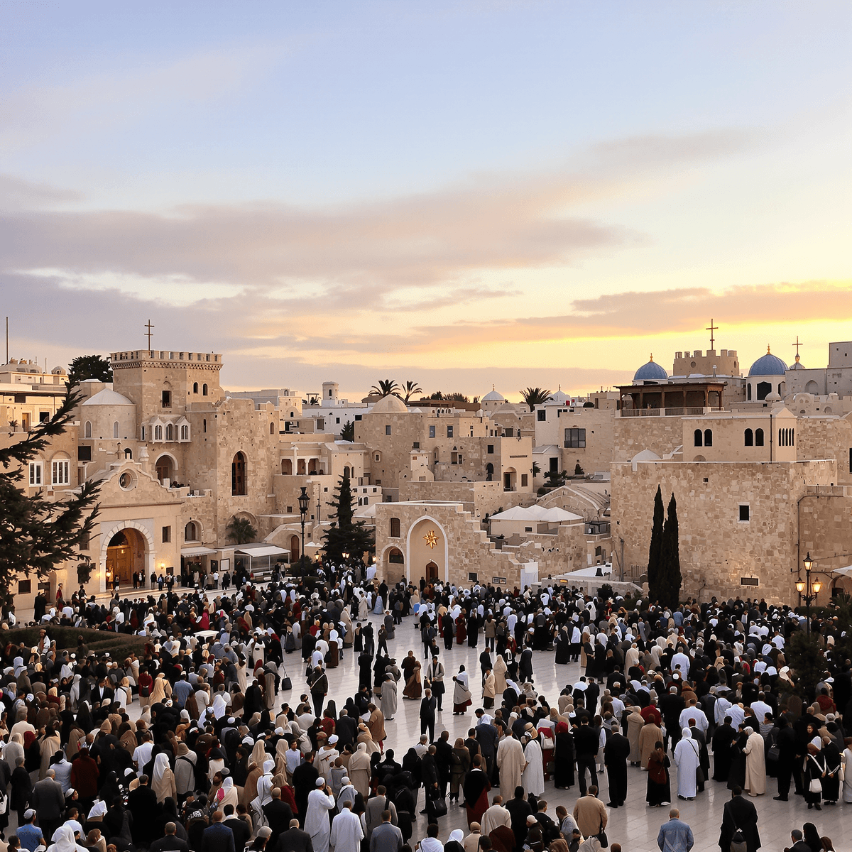 Sunrise over Manger Square in Bethlehem with ancient limestone buildings and a peaceful crowd of pilgrims gathered for a religious celebration.